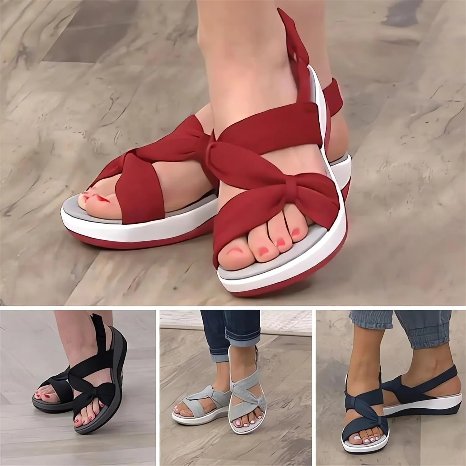 Smoneyful Women's Summer Orthopedic Arch Support Platform Wedges Strappy Comfortable Casual Walking Sandals Soft Cushion Ankle Strap Wide Fit Beach Sport Slippers Flats