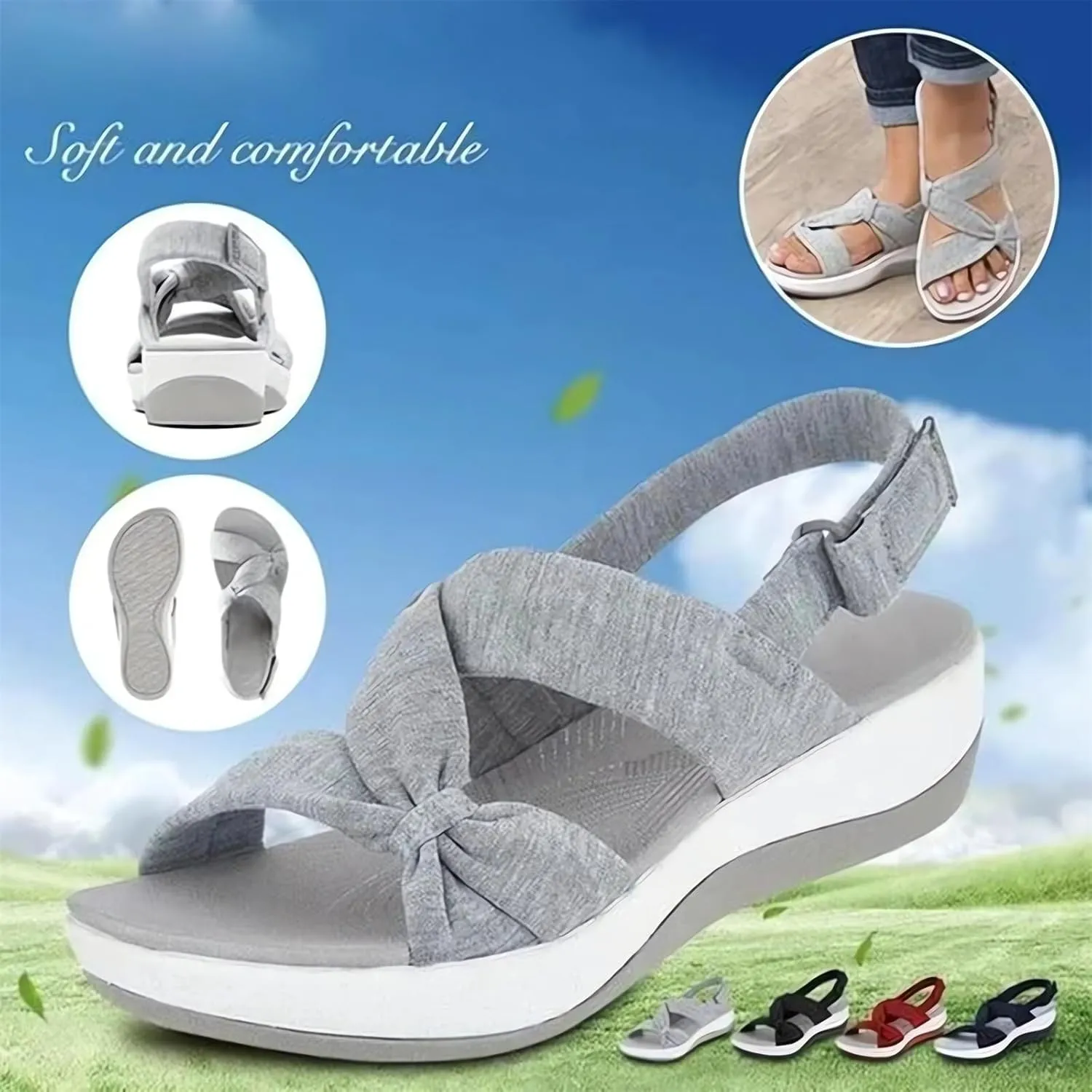 Smoneyful Women's Summer Orthopedic Arch Support Platform Wedges Strappy Comfortable Casual Walking Sandals Soft Cushion Ankle Strap Wide Fit Beach Sport Slippers Flats