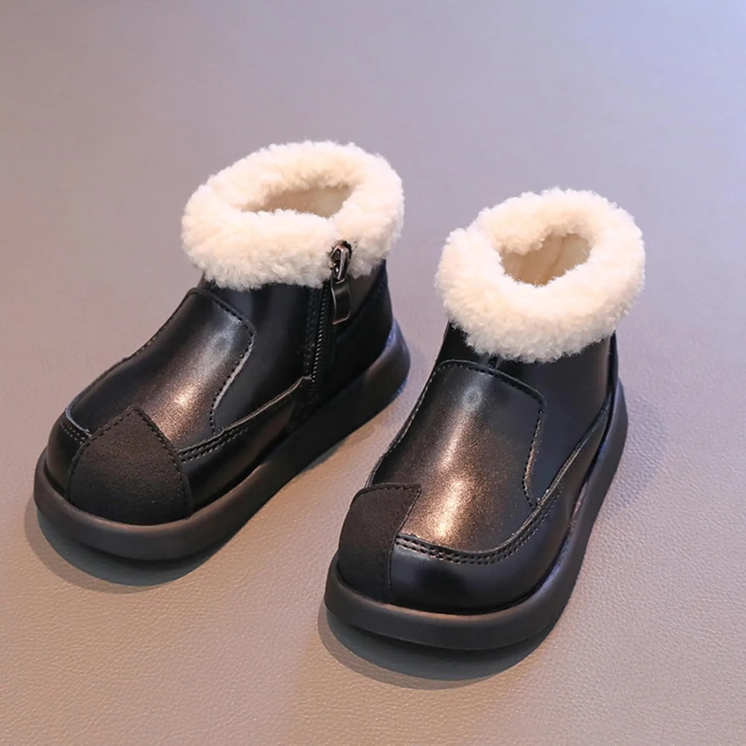 Warm Ankle Winter Boots for Girls Kids Soft Plush ining Fr Collar Zipper Snow Bootie Indoor Outdoor Warm Shoes