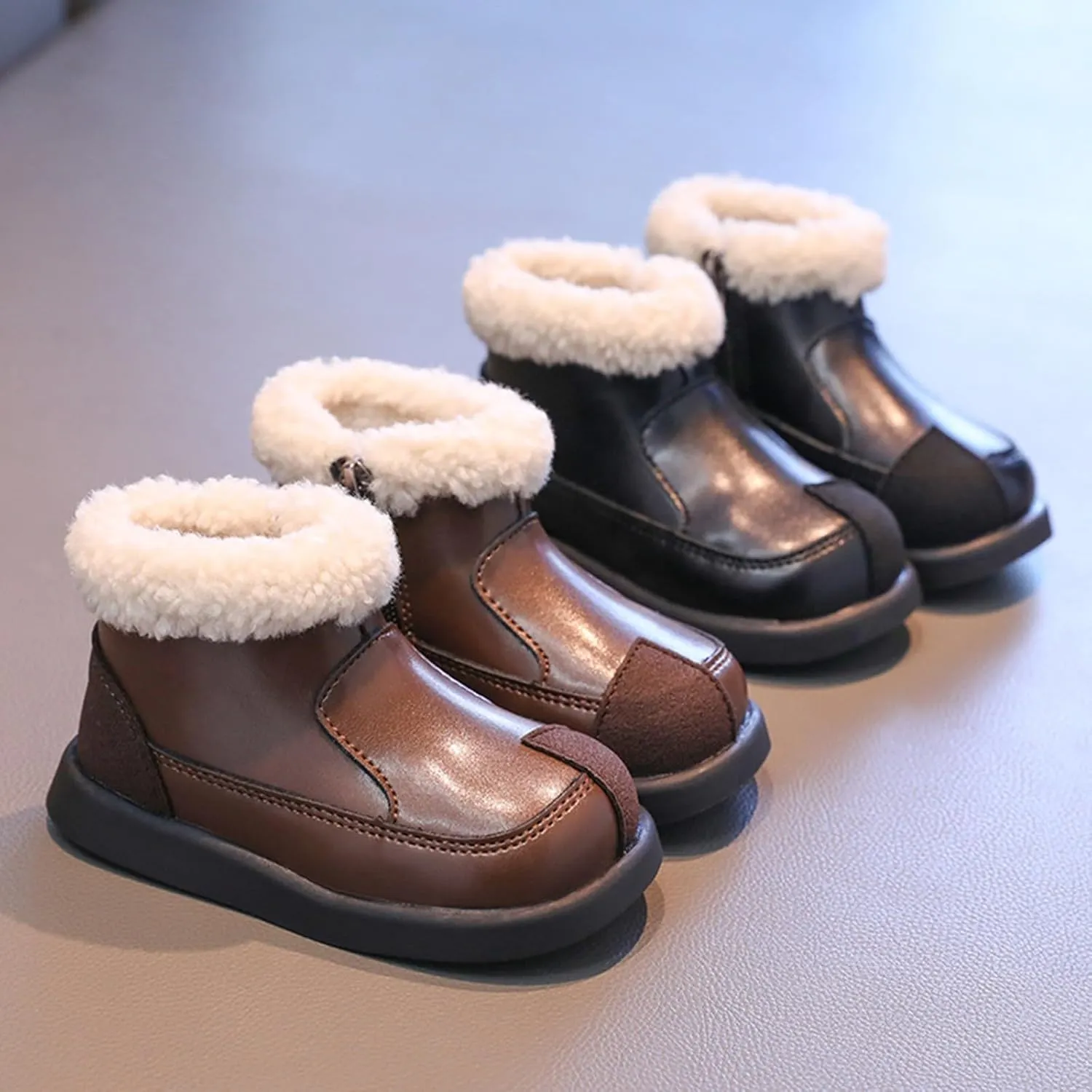 Warm Ankle Winter Boots for Girls Kids Soft Plush ining Fr Collar Zipper Snow Bootie Indoor Outdoor Warm Shoes