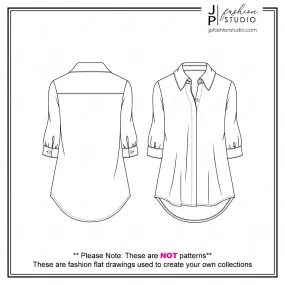 Women Blouse Sketch / Shirt Fashion Flat Sketch / Fashion Technical Drawing / Hidden Placket / Tunic Length