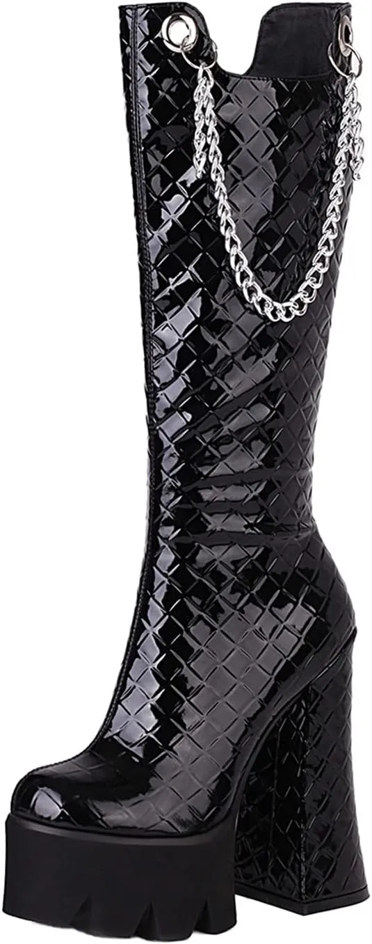 Women Fashion Super High Heels Platform Side Zipper Thick Heels Knee High Boots