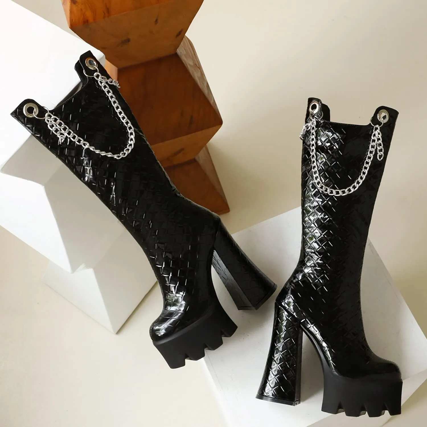 Women Fashion Super High Heels Platform Side Zipper Thick Heels Knee High Boots