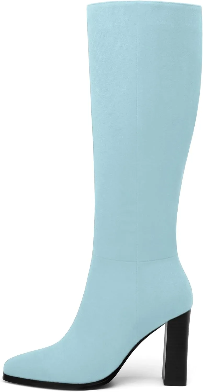 Womens High Heeled Knee High Boots, Square Toe Chunky Heel Knee-high Boots for Women, Fashion Dress Boots Zipper 3.5"