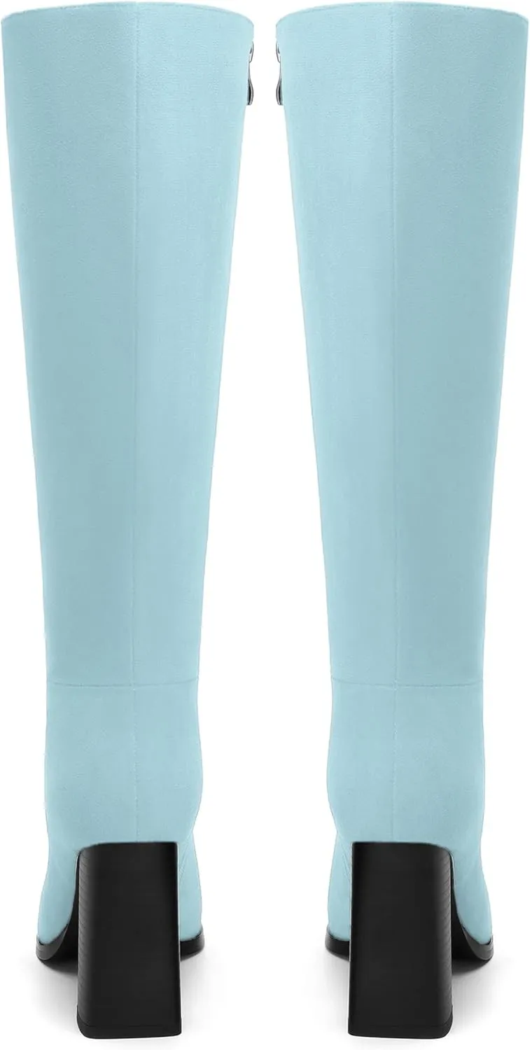 Womens High Heeled Knee High Boots, Square Toe Chunky Heel Knee-high Boots for Women, Fashion Dress Boots Zipper 3.5"