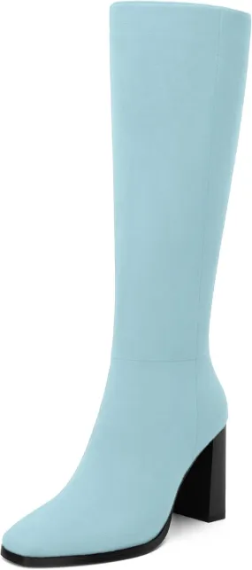 Womens High Heeled Knee High Boots, Square Toe Chunky Heel Knee-high Boots for Women, Fashion Dress Boots Zipper 3.5"