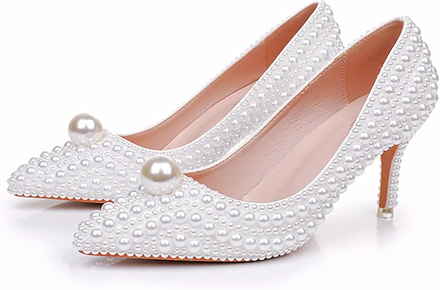 Women's Leather Pearl Stiletto Pumps Fashion Closed Pointed Toe Slip-on High Heel High Dress Shoes for Wedding Party