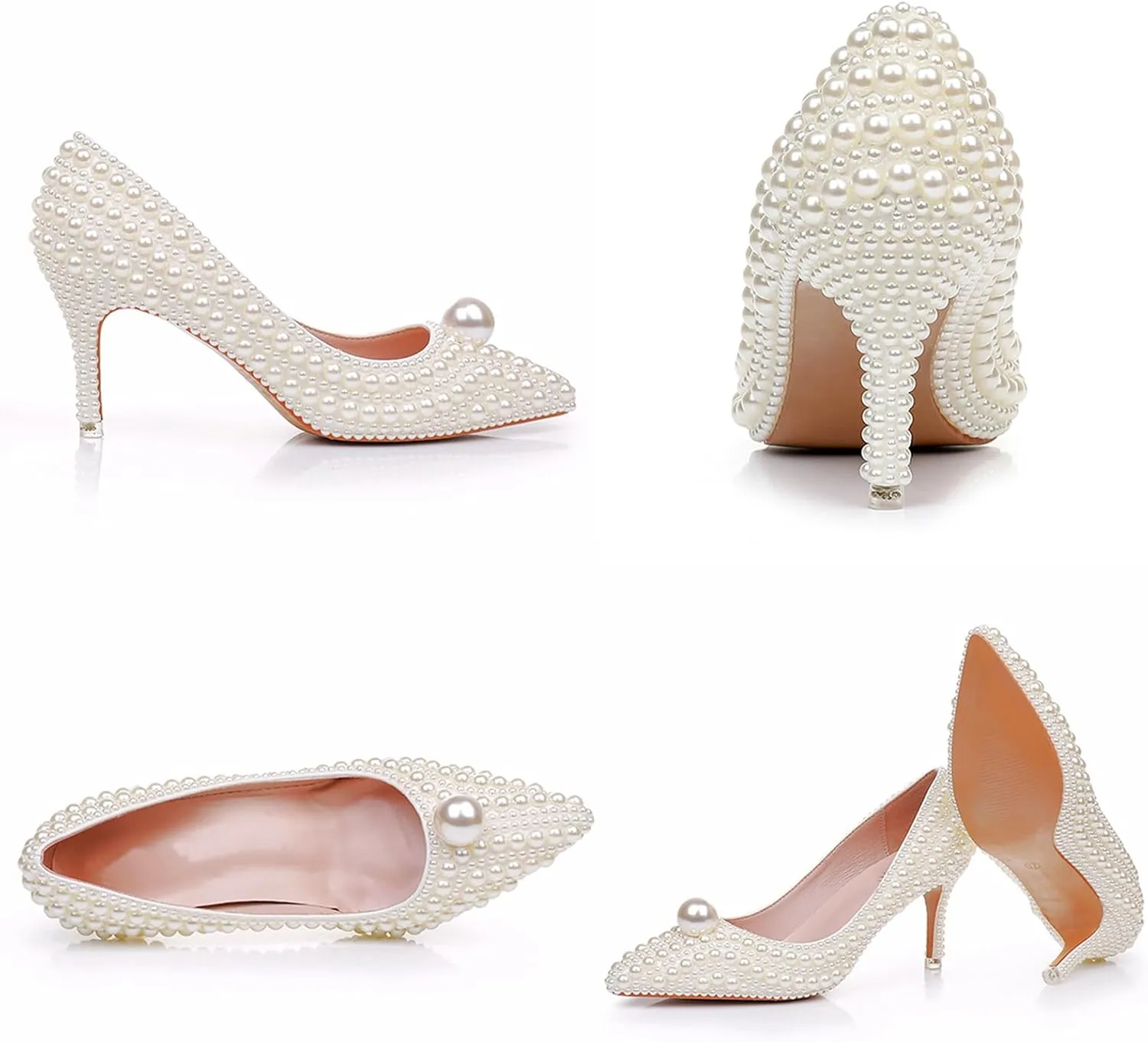 Women's Leather Pearl Stiletto Pumps Fashion Closed Pointed Toe Slip-on High Heel High Dress Shoes for Wedding Party