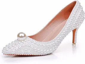 Women's Leather Pearl Stiletto Pumps Fashion Closed Pointed Toe Slip-on High Heel High Dress Shoes for Wedding Party