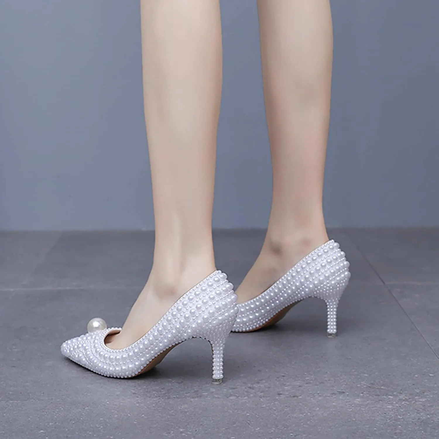 Women's Leather Pearl Stiletto Pumps Fashion Closed Pointed Toe Slip-on High Heel High Dress Shoes for Wedding Party
