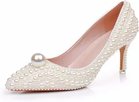 Women's Leather Pearl Stiletto Pumps Fashion Closed Pointed Toe Slip-on High Heel High Dress Shoes for Wedding Party