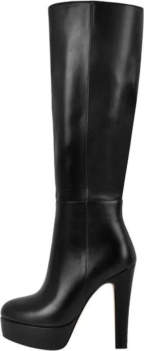 Women's Platform Knee High Boots Solid Color Side Zipper Block High Heels