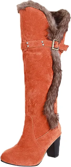 Women's Winter Fur Cut Out Knee High Boot Fashion Chunky Heels Warm Insulated Boots Trendy High Heel Snow Booties