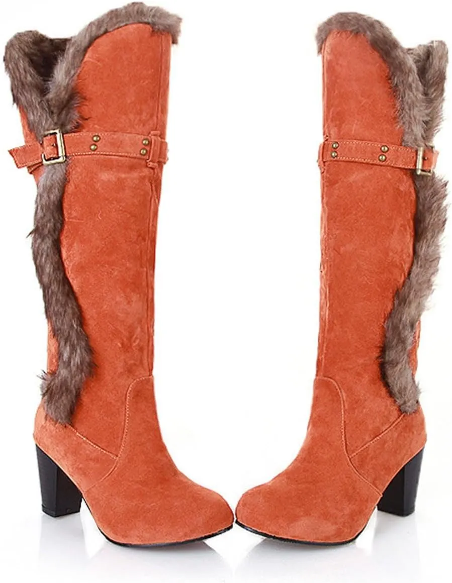 Women's Winter Fur Cut Out Knee High Boot Fashion Chunky Heels Warm Insulated Boots Trendy High Heel Snow Booties